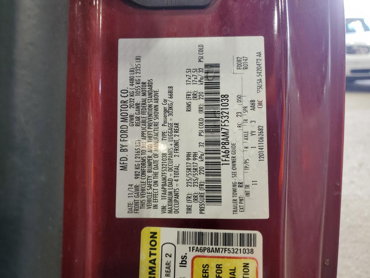 2015 Ford Mustang VIN: 1FA6P8AM7F5321038 Lot: 65461395