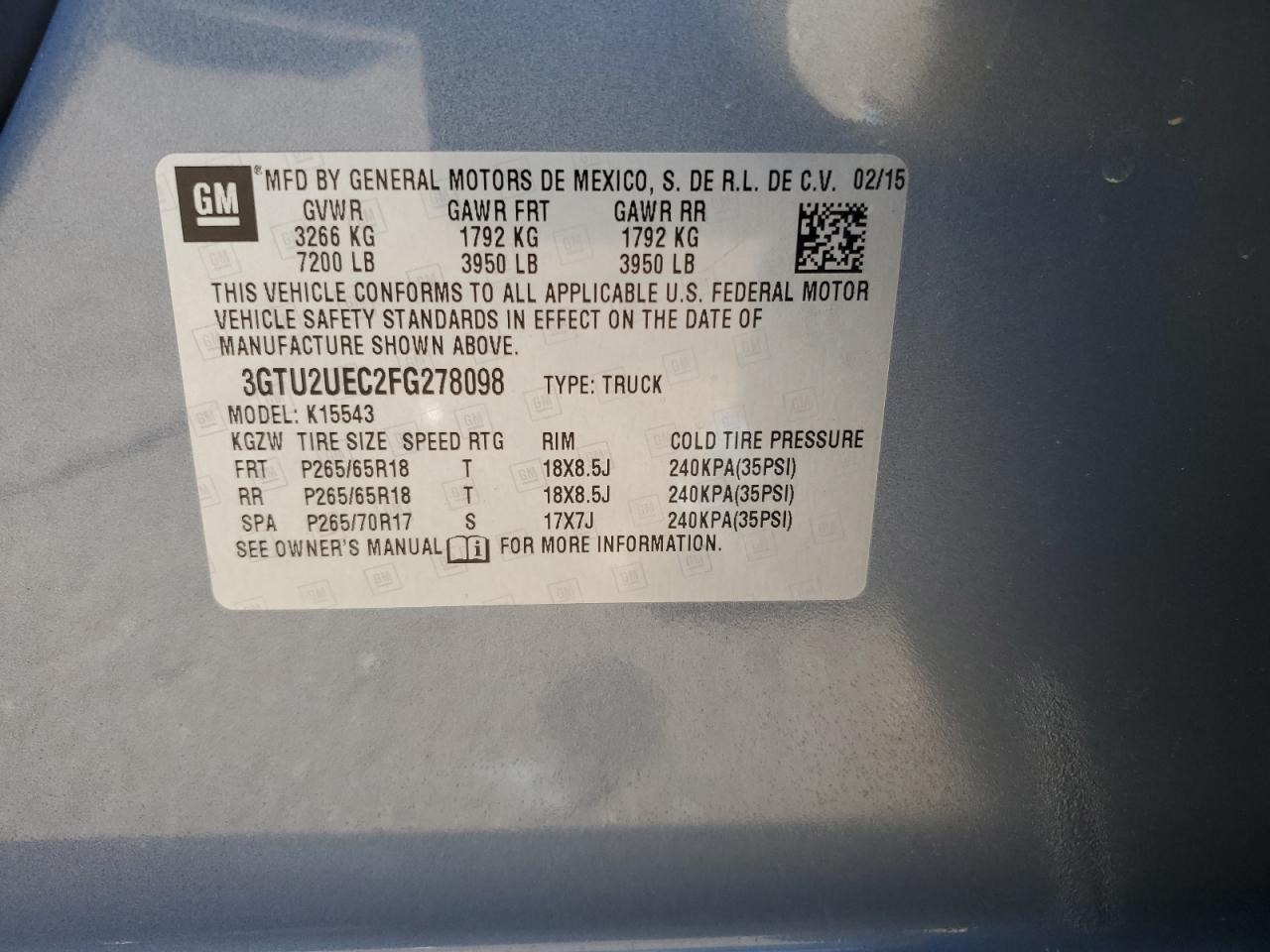 2015 GMC Sierra K1500 Sle VIN: 3GTU2UEC2FG278098 Lot: 63033905