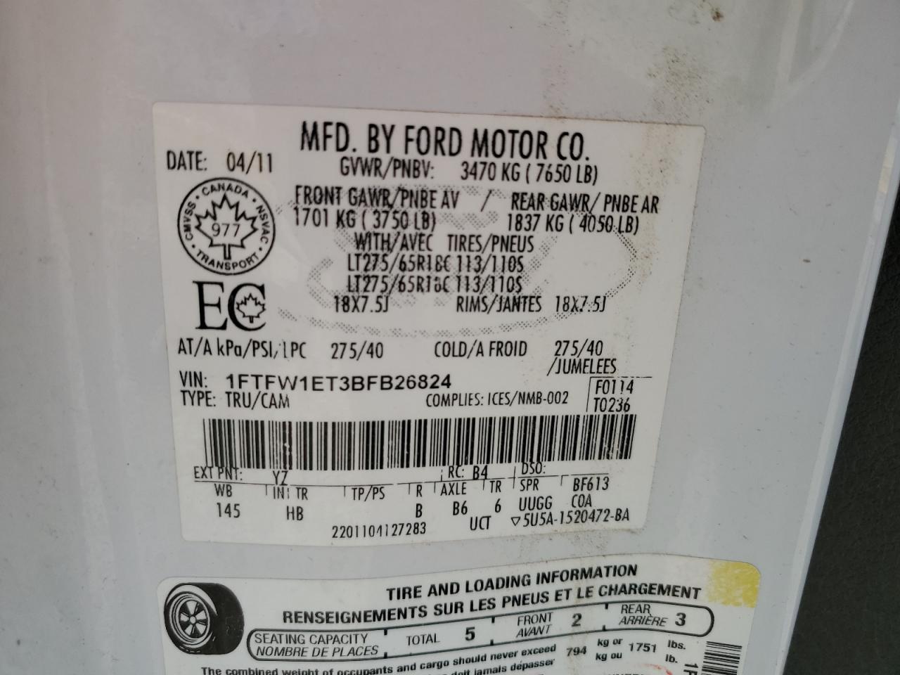 2011 Ford F150 Supercrew VIN: 1FTFW1ET3BFB26824 Lot: 63851735