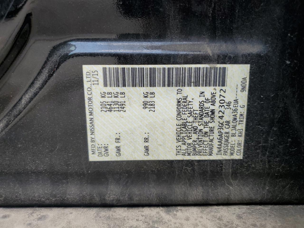 2016 Nissan Maxima 3.5S VIN: 1N4AA6AP3GC423072 Lot: 62988965
