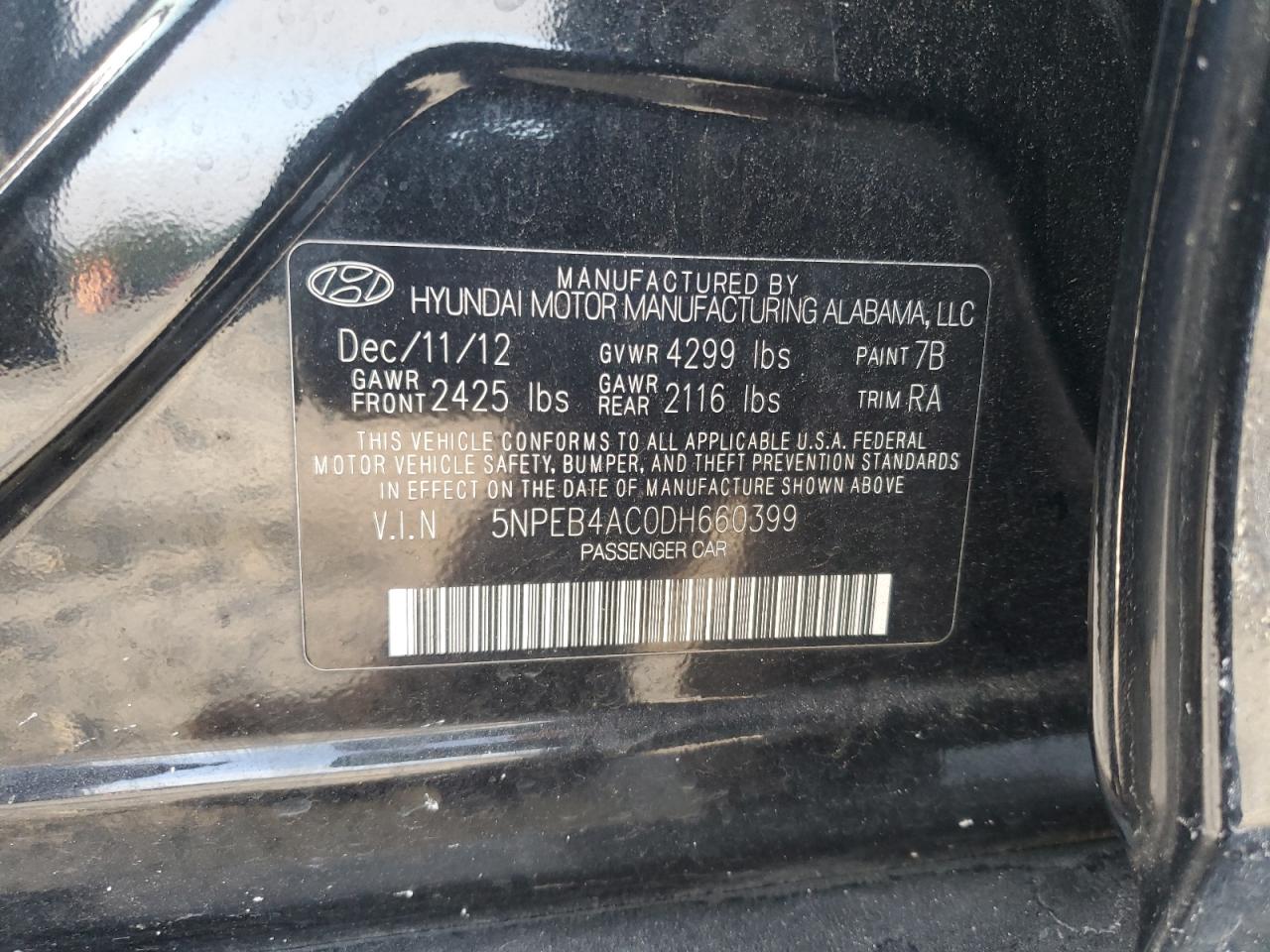 2013 Hyundai Sonata Gls VIN: 5NPEB4AC0DH660399 Lot: 65064445