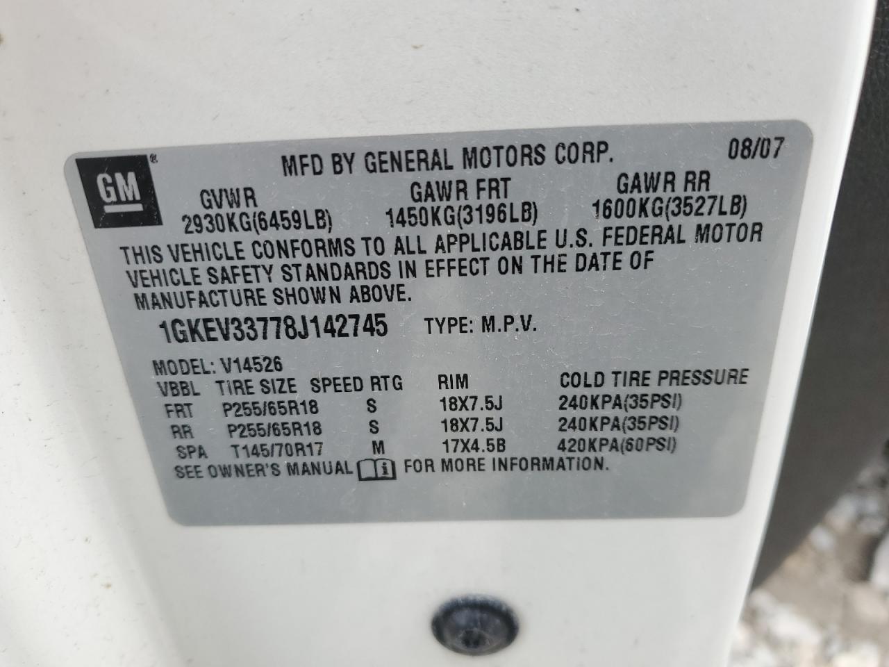 2008 GMC Acadia Slt-2 VIN: 1GKEV33778J142745 Lot: 63977725
