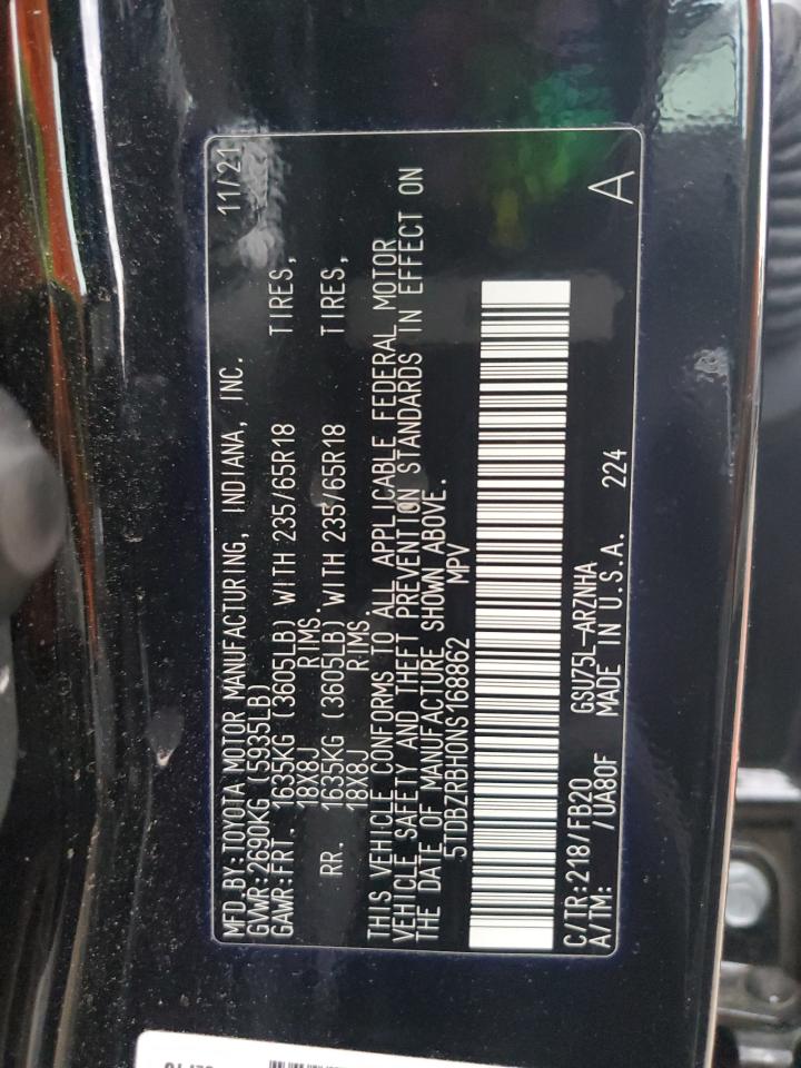 2022 Toyota Highlander L VIN: 5TDBZRBH0NS168862 Lot: 66857055