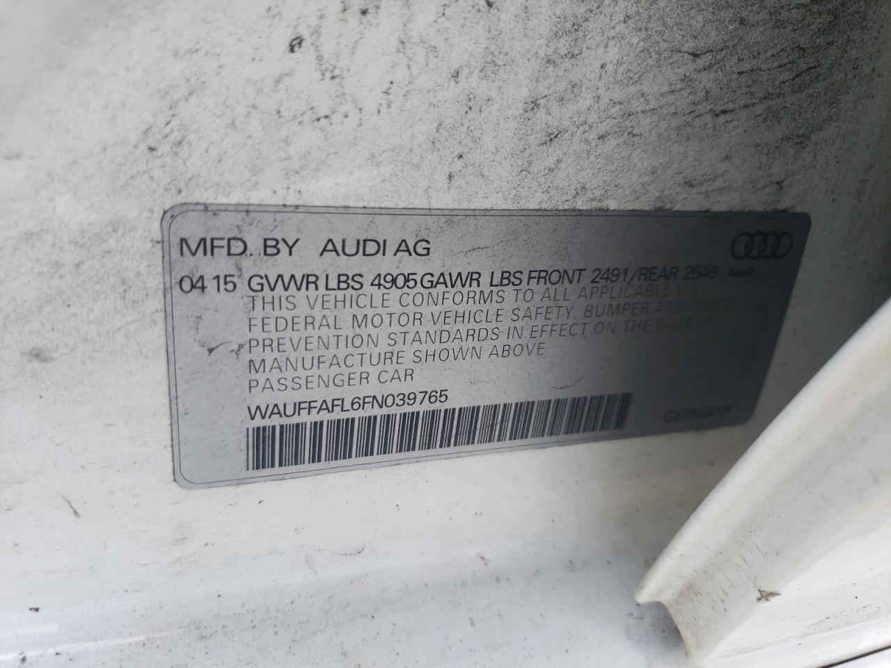 2015 Audi A4 Premium Plus VIN: WAUFFAFL6FN039765 Lot: 66112285