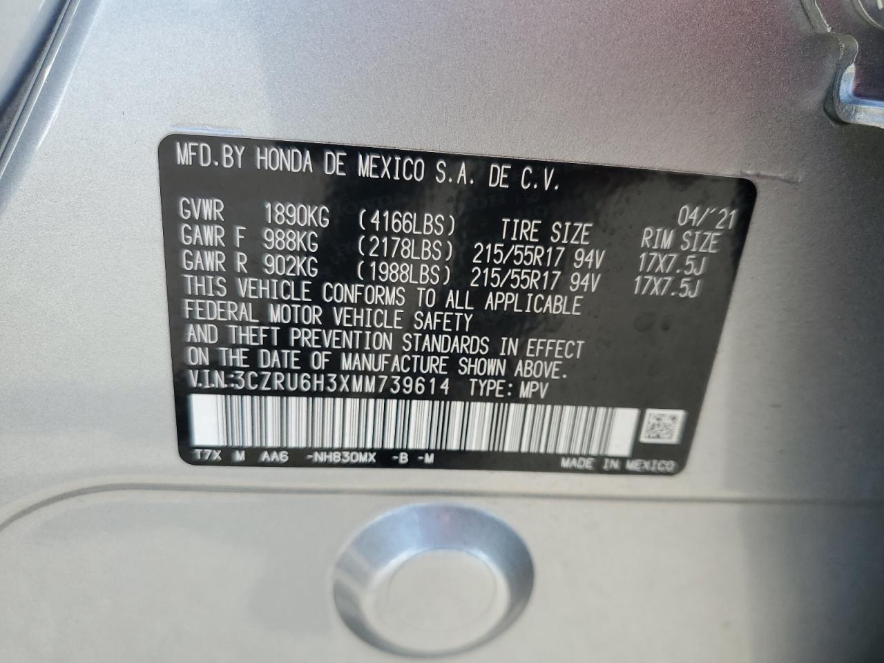 2021 Honda Hr-V Lx VIN: 3CZRU6H3XMM739614 Lot: 64249085