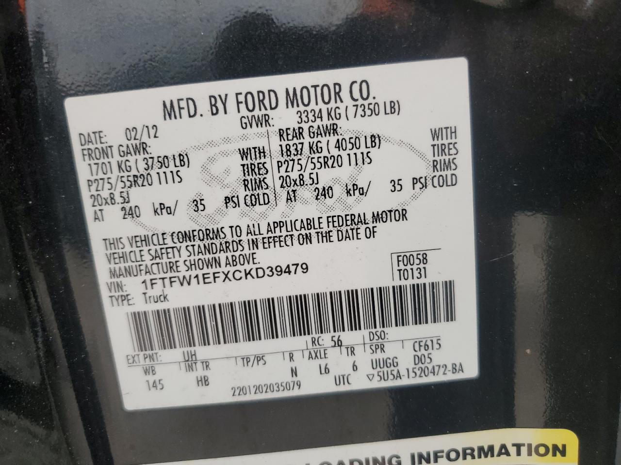 2012 Ford F150 Supercrew VIN: 1FTFW1EFXCKD39479 Lot: 66666955