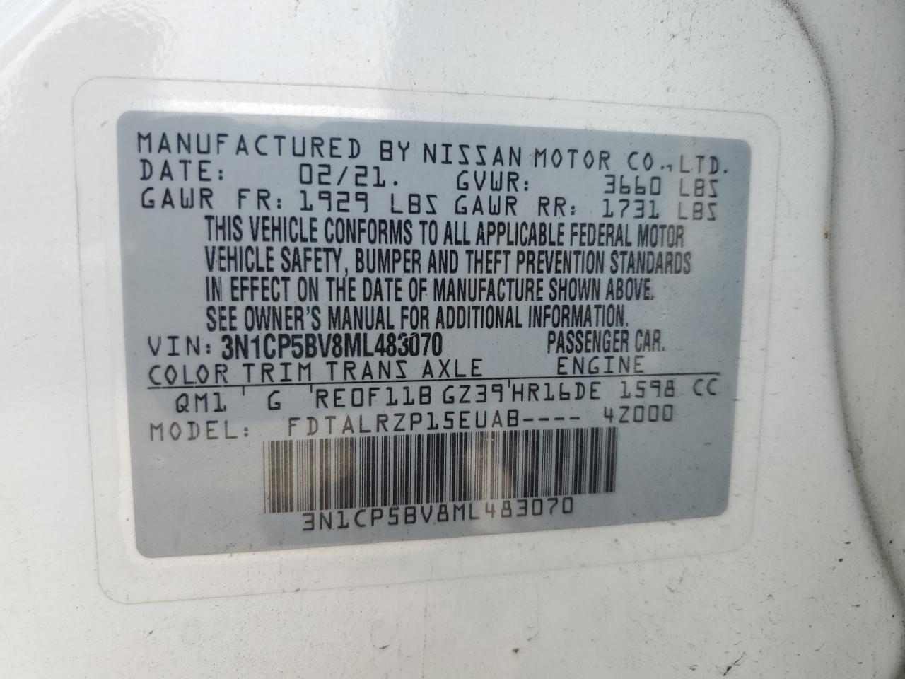 2021 Nissan Kicks S VIN: 3N1CP5BV8ML483070 Lot: 65399935