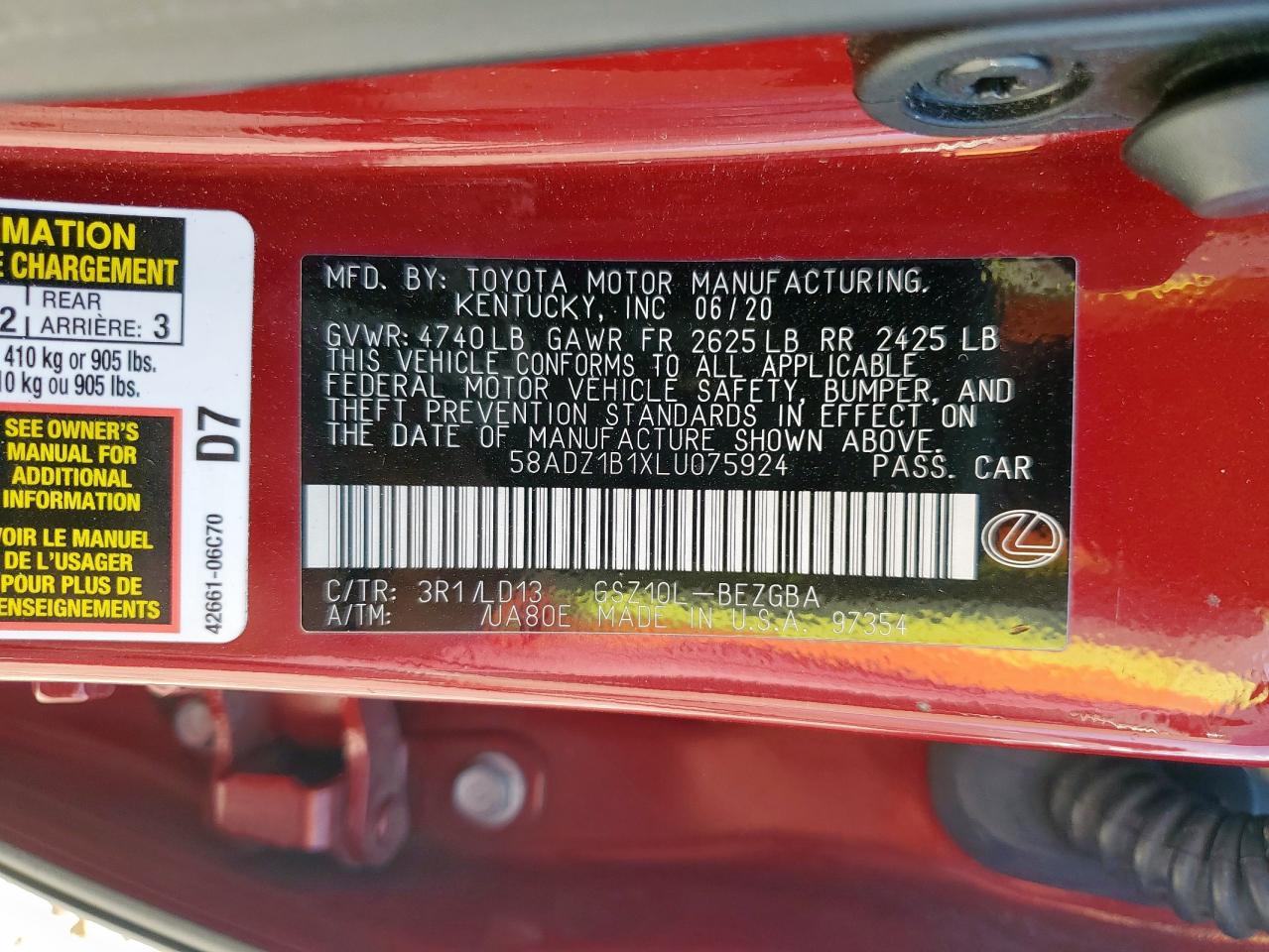 58adz1b1xlu075924 58ADZ1B1XLU075924 2020 Lexus Es 350