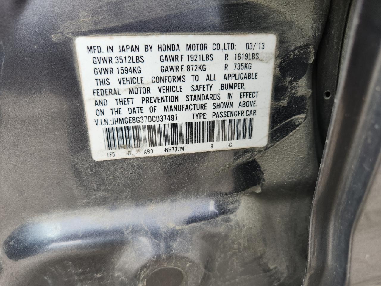 2013 Honda Fit VIN: JHMGE8G37DC037497 Lot: 64827305