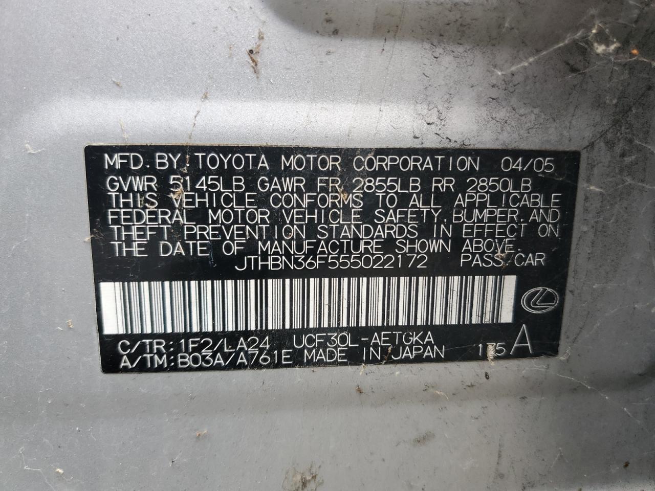 jthbn36f555022172 JTHBN36F555022172 2005 Lexus Ls 430