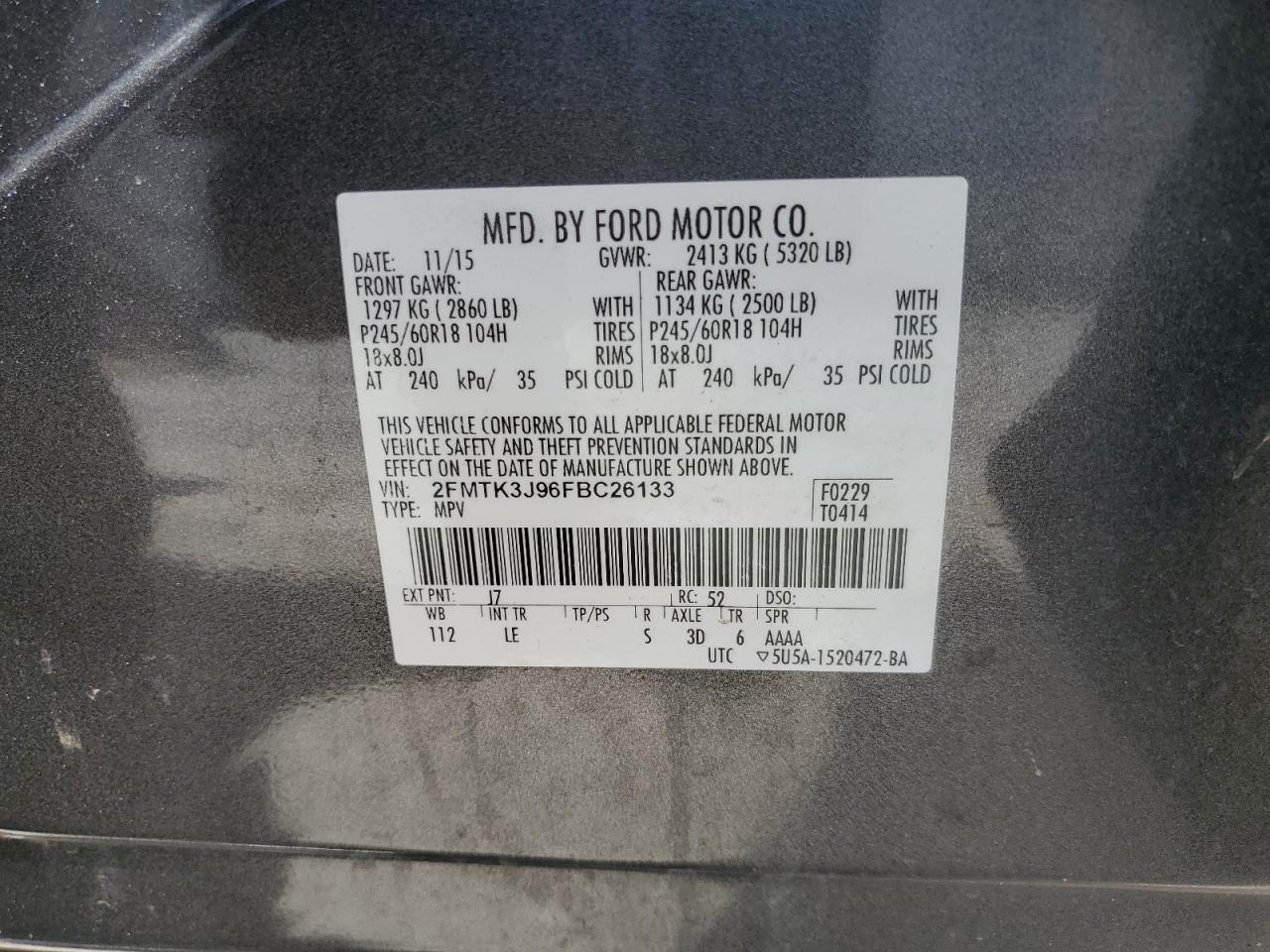 2015 Ford Edge Sel VIN: 2FMTK3J96FBC26133 Lot: 65561365