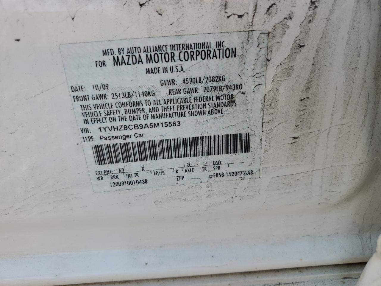 2010 Mazda 6 S VIN: 1YVHZ8CB9A5M15563 Lot: 63919415