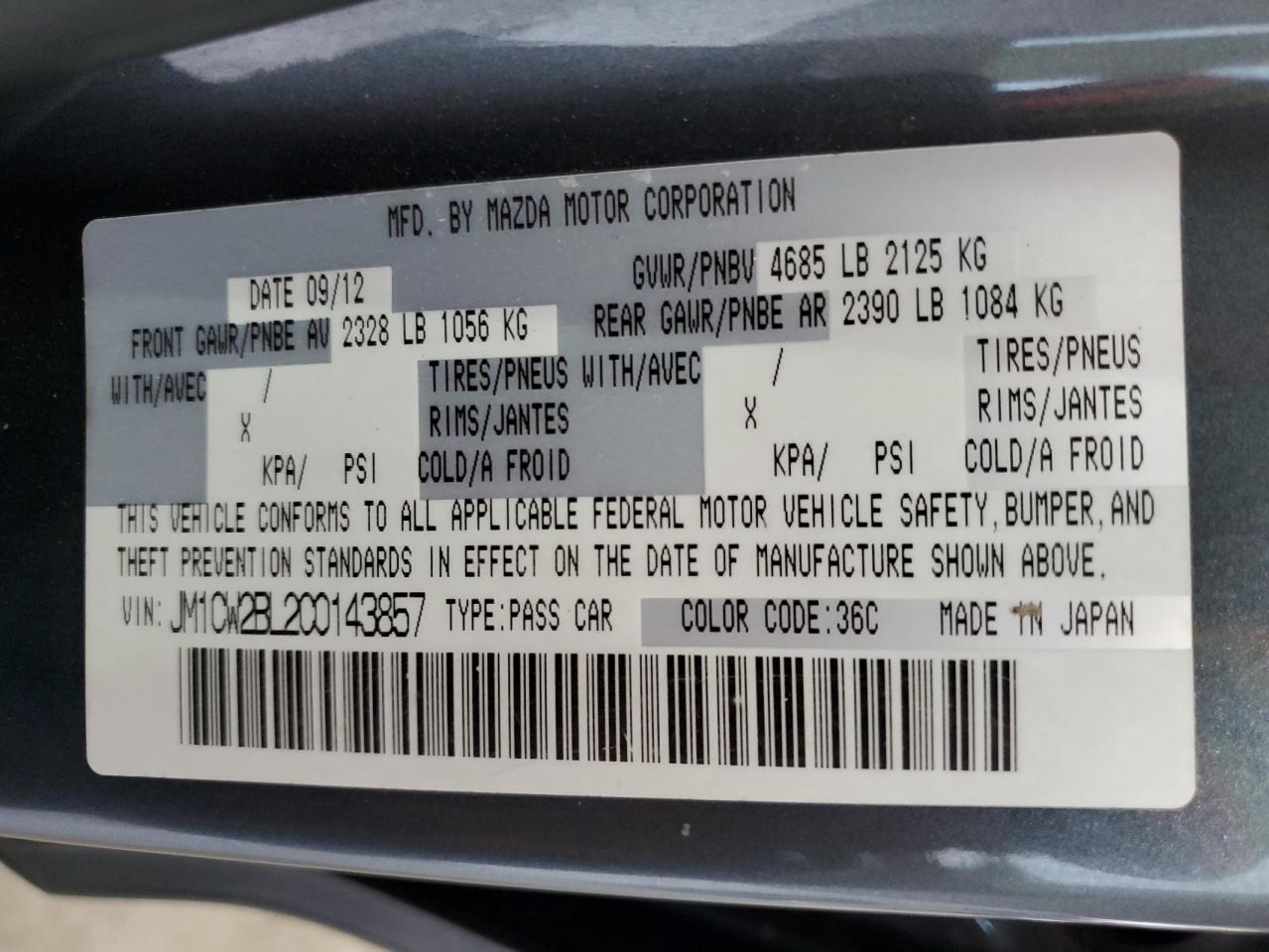 2012 Mazda 5 VIN: JM1CW2BL2C0143857 Lot: 63928655