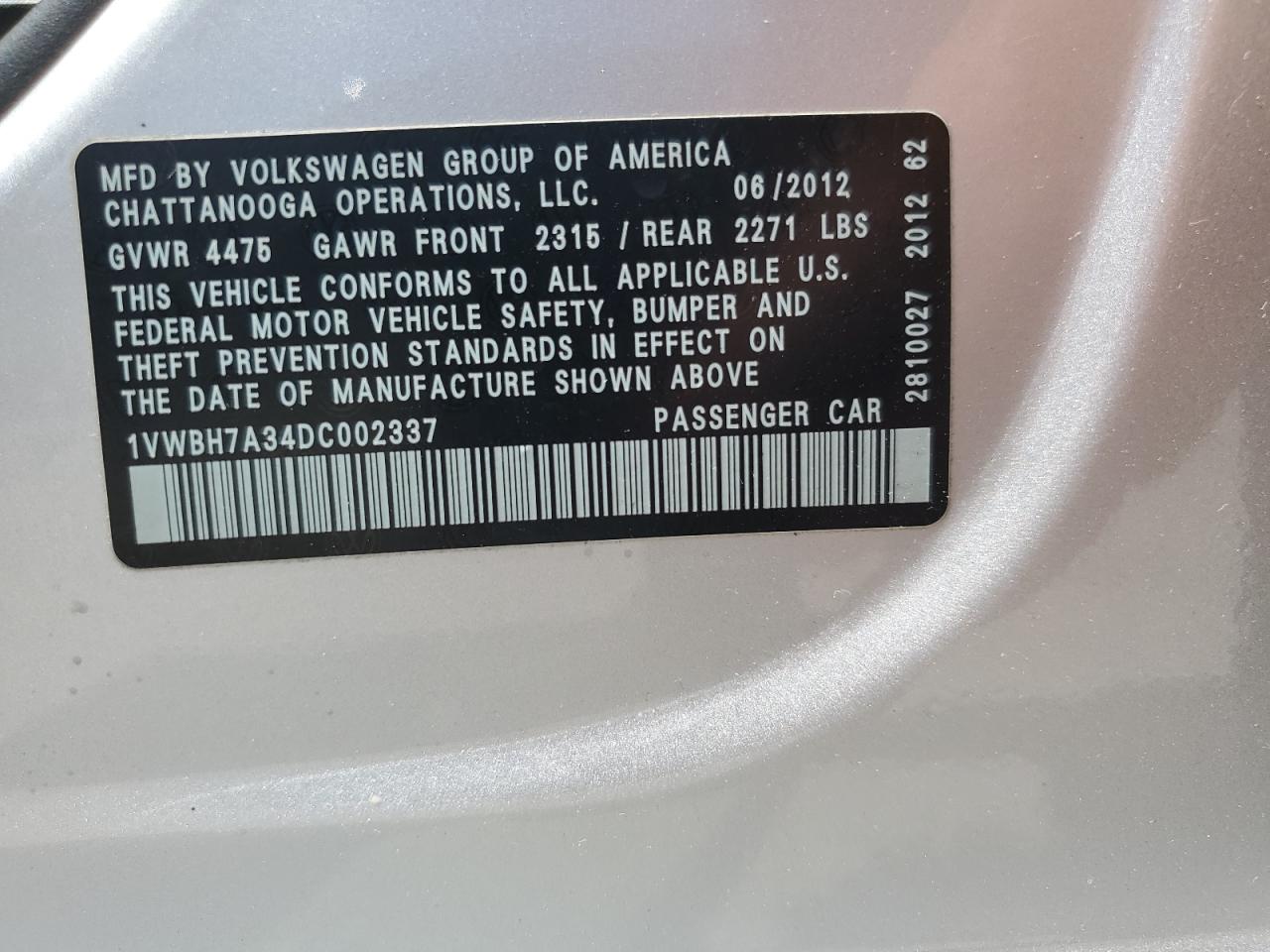 2013 Volkswagen Passat Se VIN: 1VWBH7A34DC002337 Lot: 64510725