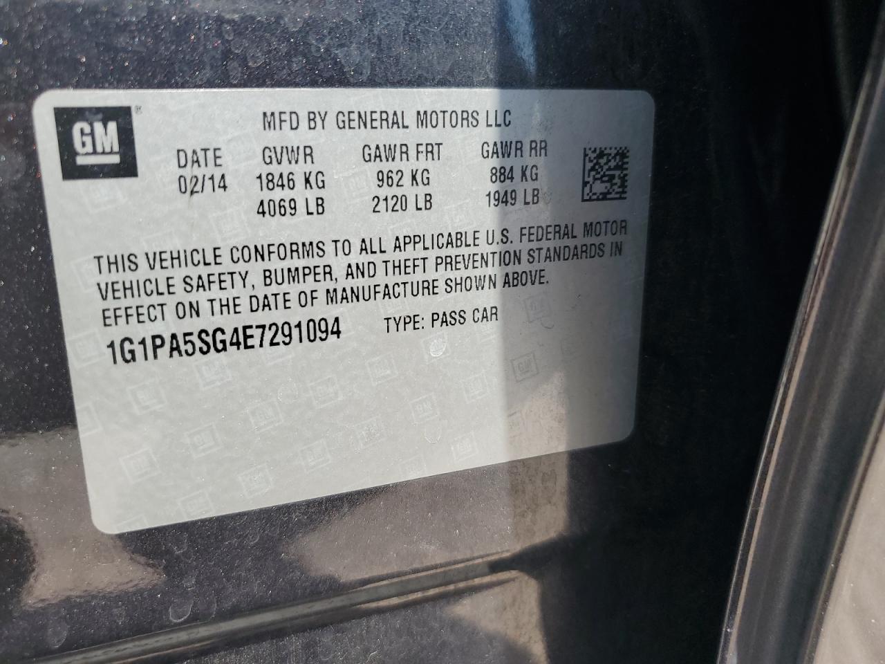 2014 Chevrolet Cruze Ls VIN: 1G1PA5SG4E7291094 Lot: 64998445