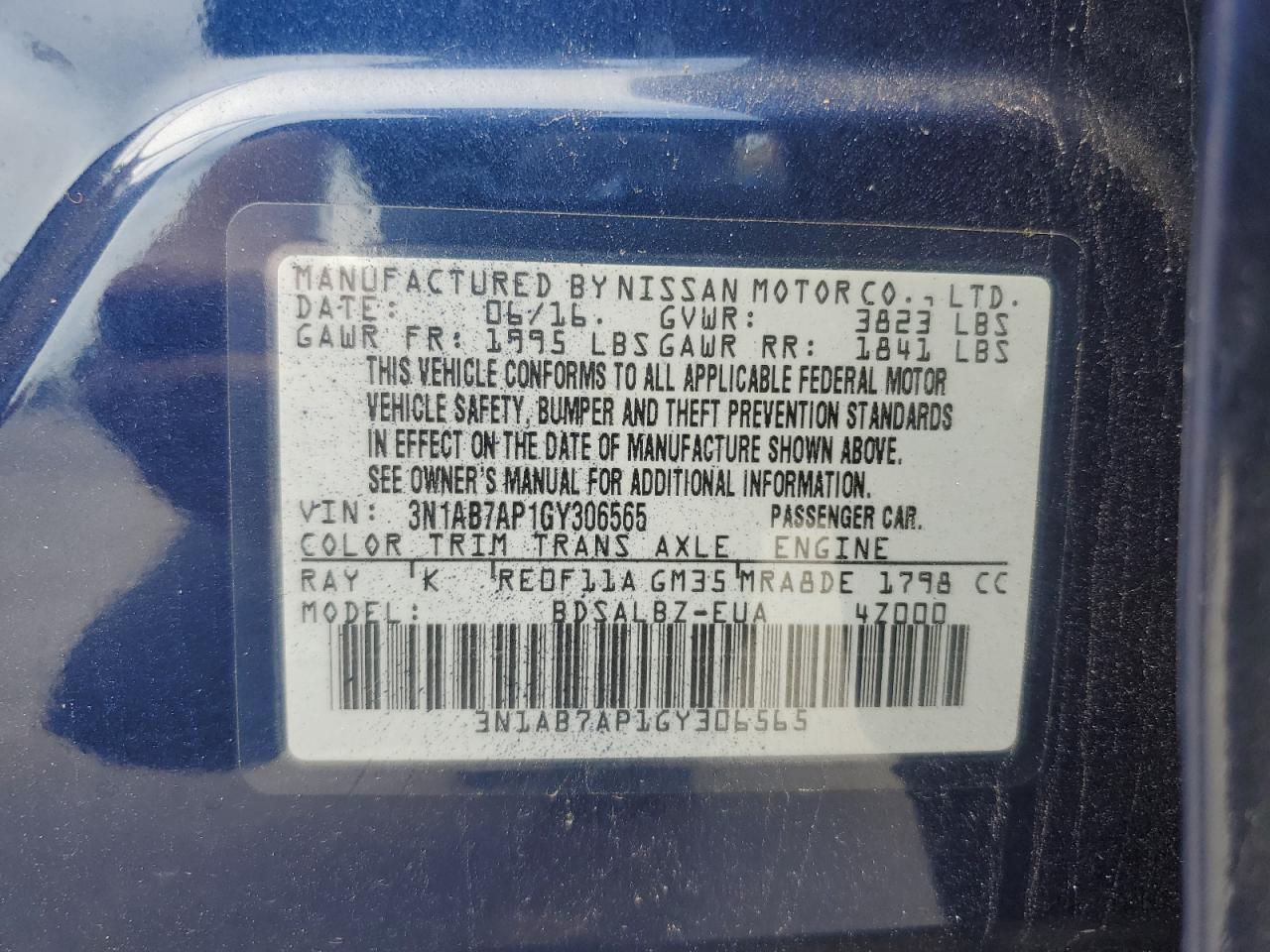 2016 Nissan Sentra S VIN: 3N1AB7AP1GY306565 Lot: 66252015