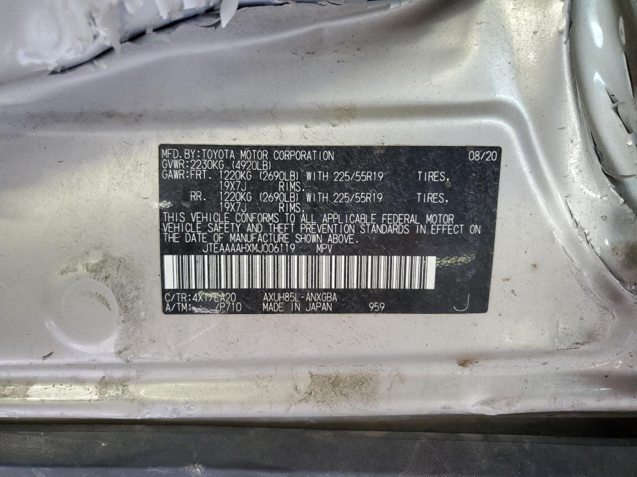 2021 Toyota Venza Le VIN: JTEAAAAHXMJ006119 Lot: 65591295