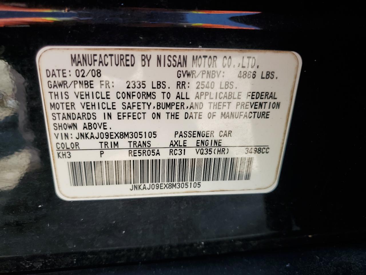 2008 Infiniti Ex35 Base VIN: JNKAJ09EX8M305105 Lot: 65010765