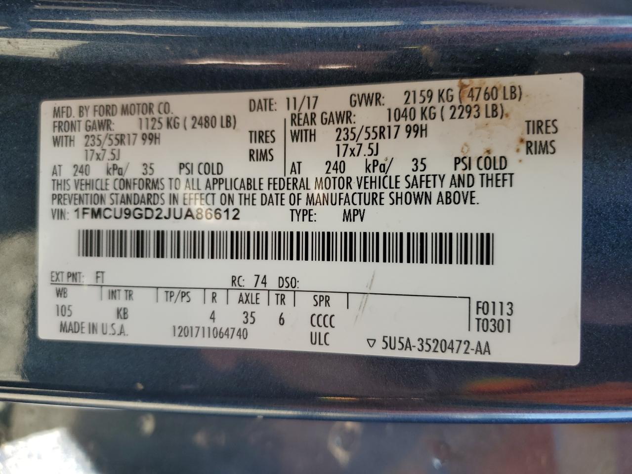2018 Ford Escape Se VIN: 1FMCU9GD2JUA86612 Lot: 65202755