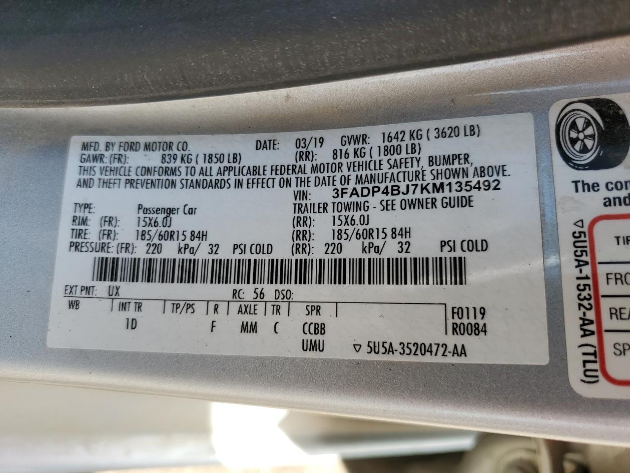 2019 Ford Fiesta Se VIN: 3FADP4BJ7KM135492 Lot: 64138335