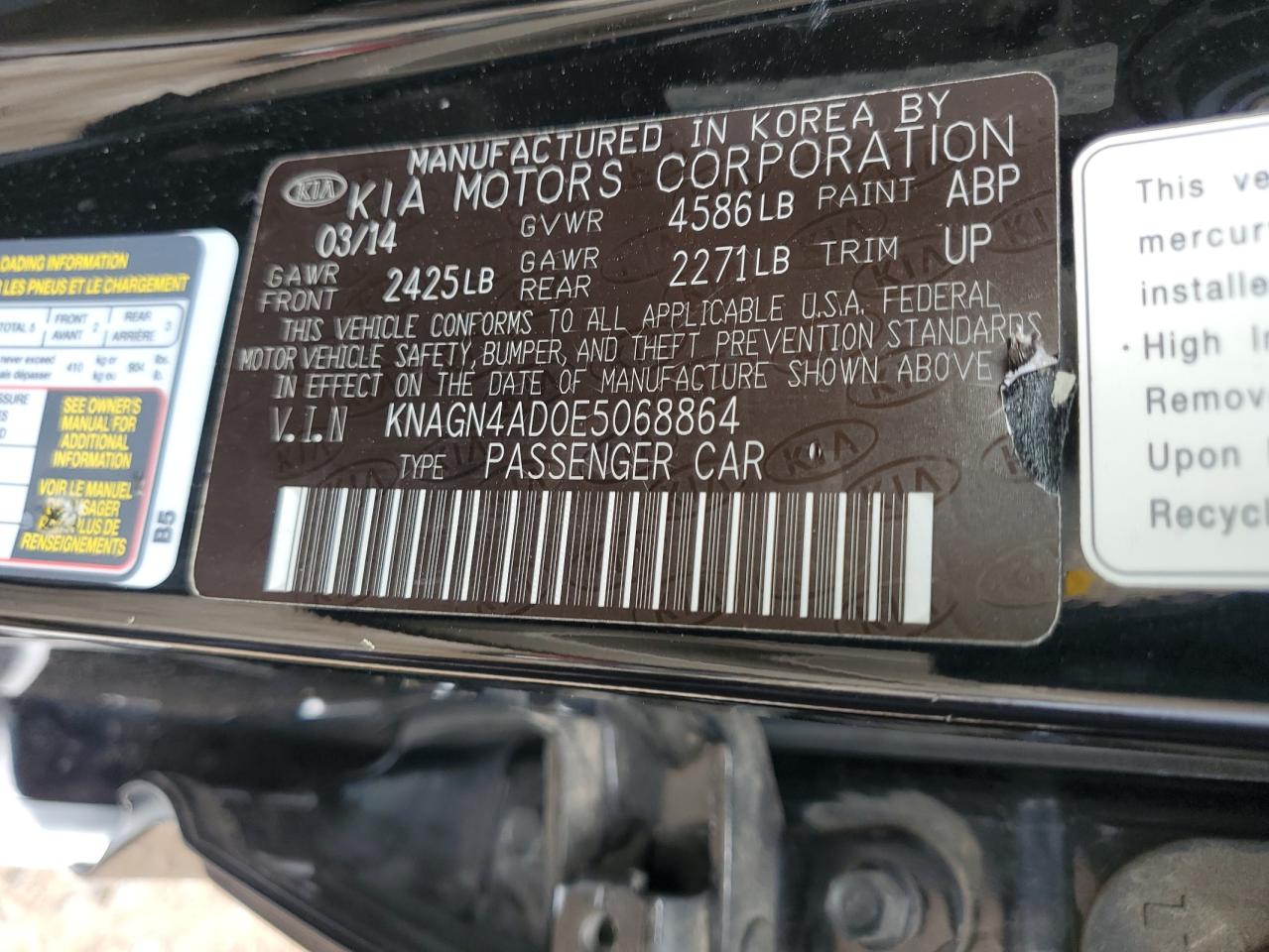 2014 Kia Optima Hybrid VIN: KNAGN4AD0E5068864 Lot: 64991005