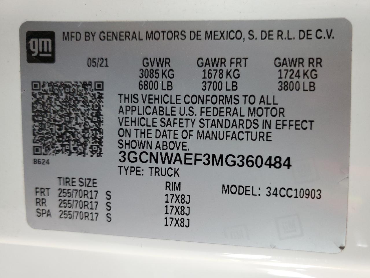 2021 Chevrolet Silverado C1500 VIN: 3GCNWAEF3MG360484 Lot: 62736455