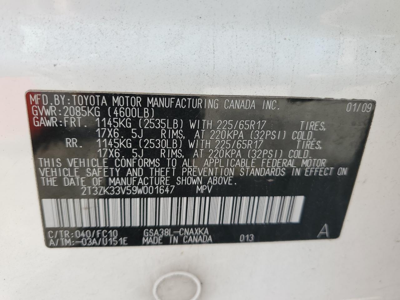 2009 Toyota Rav4 VIN: 2T3ZK33V59W001647 Lot: 65270265