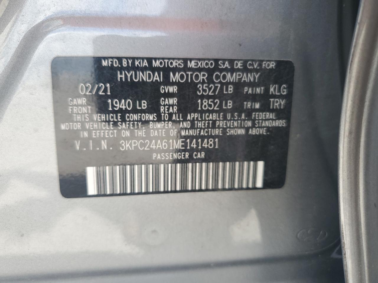 2021 Hyundai Accent Se VIN: 3KPC24A61ME141481 Lot: 64128515