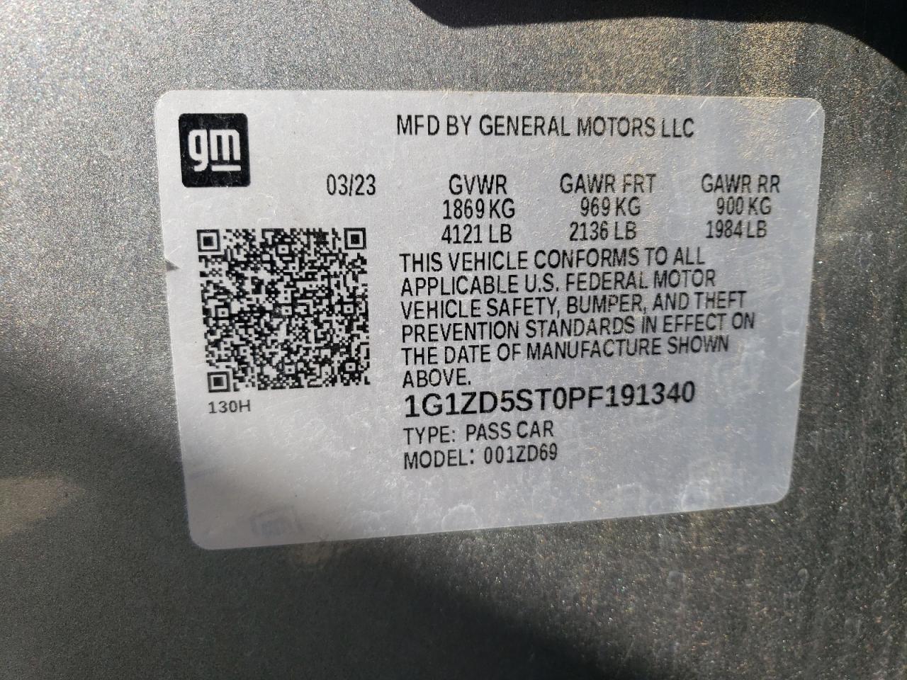 2023 Chevrolet Malibu Lt VIN: 1G1ZD5ST0PF191340 Lot: 63554755