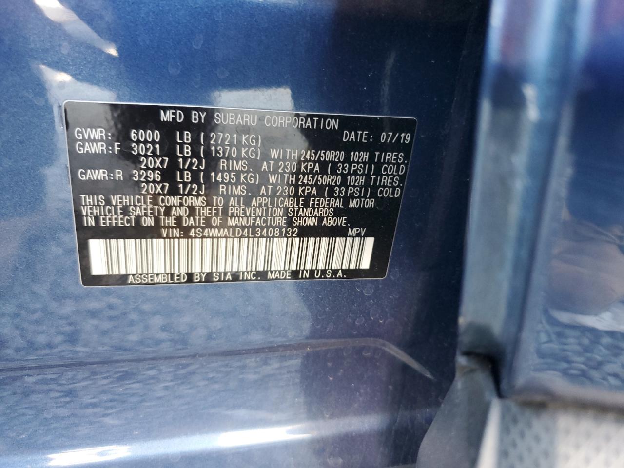 2020 Subaru Ascent Limited VIN: 4S4WMALD4L3408132 Lot: 65415175