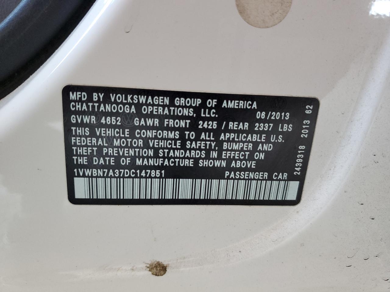 2013 Volkswagen Passat Se VIN: 1VWBN7A37DC147851 Lot: 65472355