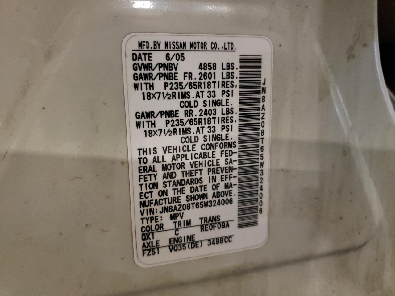 2005 Nissan Murano Sl VIN: JN8AZ08T65W324006 Lot: 65724275