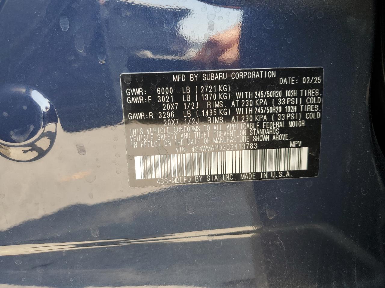 2025 Subaru Ascent Limited VIN: 4S4WMAPD3S3413783 Lot: 64889325