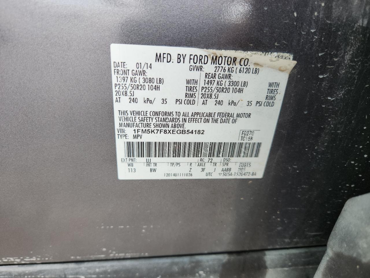 2014 Ford Explorer Limited VIN: 1FM5K7F8XEGB54182 Lot: 64526795