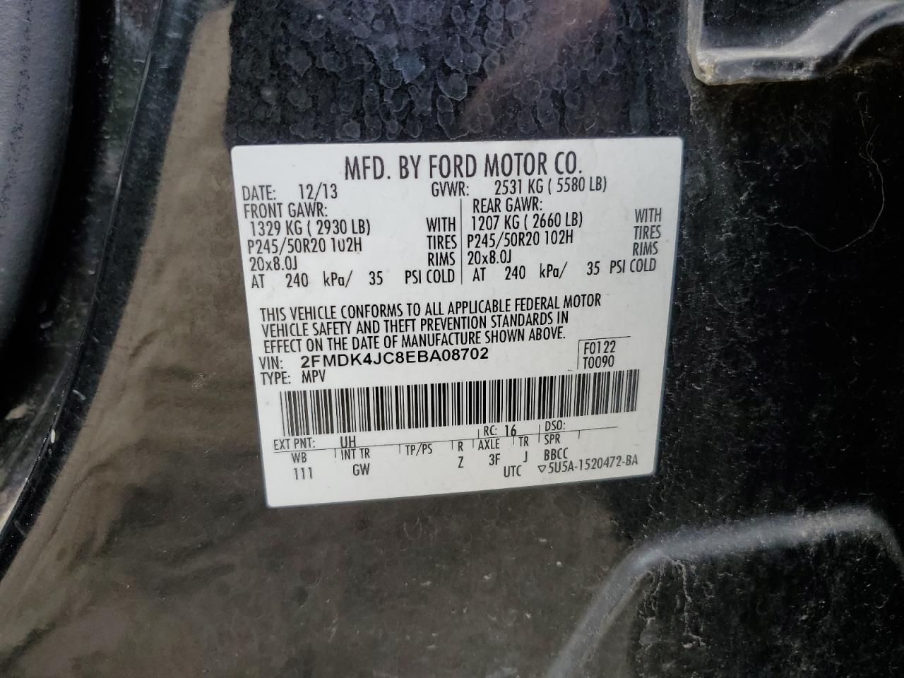 2014 Ford Edge Sel VIN: 2FMDK4JC8EBA08702 Lot: 62636815