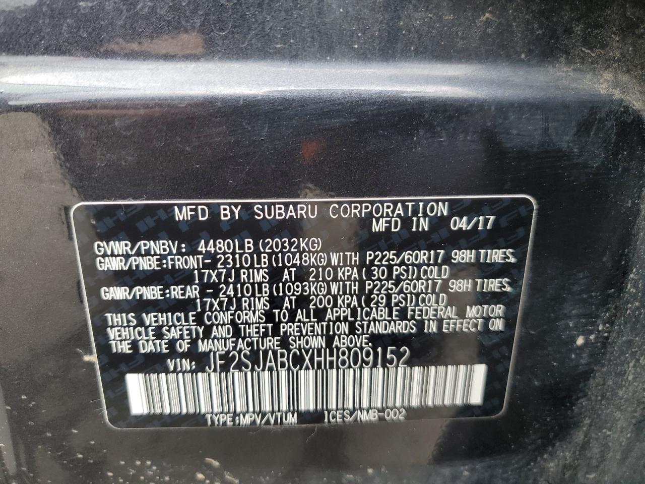 2017 Subaru Forester 2.5I VIN: JF2SJABCXHH809152 Lot: 63458935
