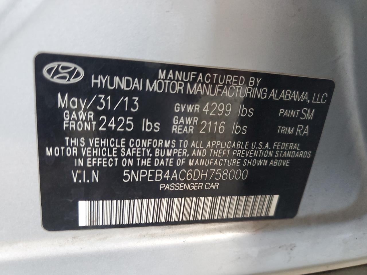 2013 Hyundai Sonata Gls VIN: 5NPEB4AC6DH758000 Lot: 63714695