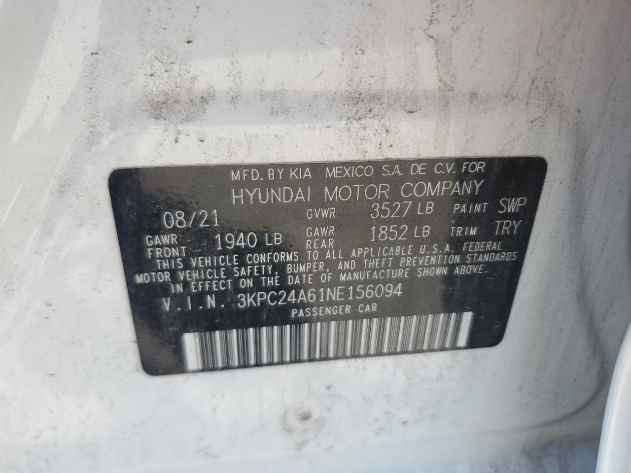 2022 Hyundai Accent Se VIN: 3KPC24A61NE156094 Lot: 65056135
