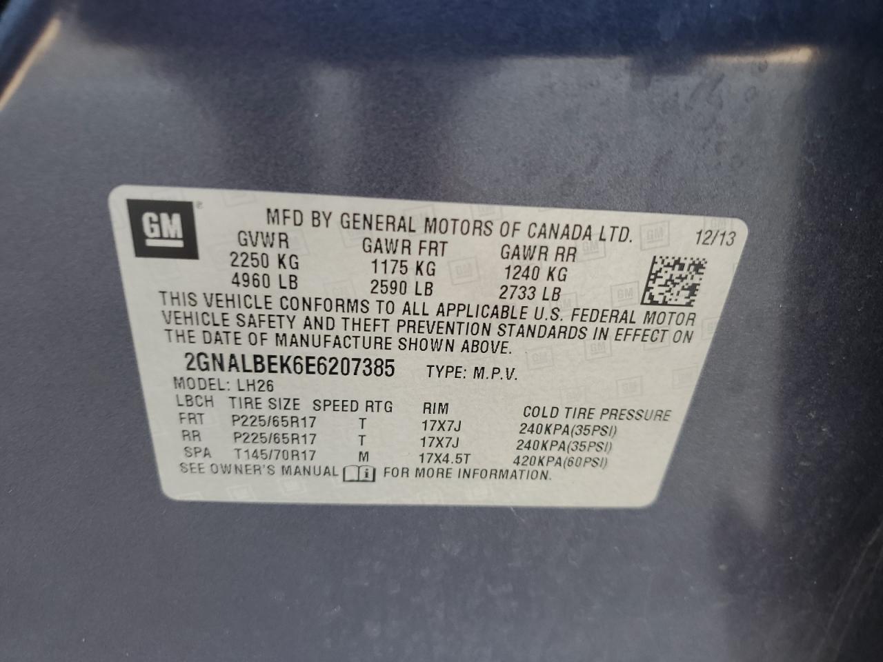 2014 Chevrolet Equinox Lt VIN: 2GNALBEK6E6207385 Lot: 65011625