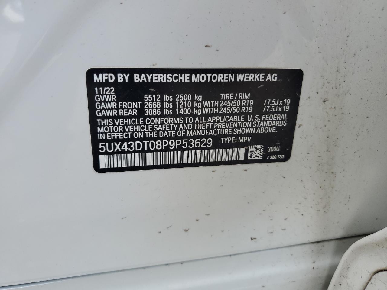 2023 BMW X4 M40I VIN: 5UX43DT08P9P53629 Lot: 64718275
