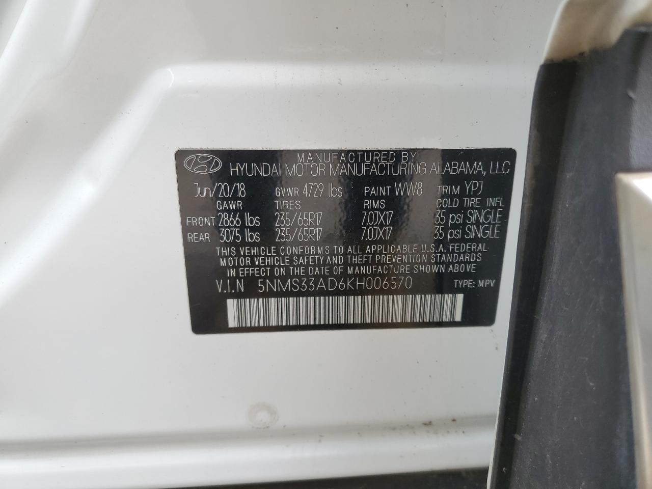 2019 Hyundai Santa Fe Sel VIN: 5NMS33AD6KH006570 Lot: 65017675