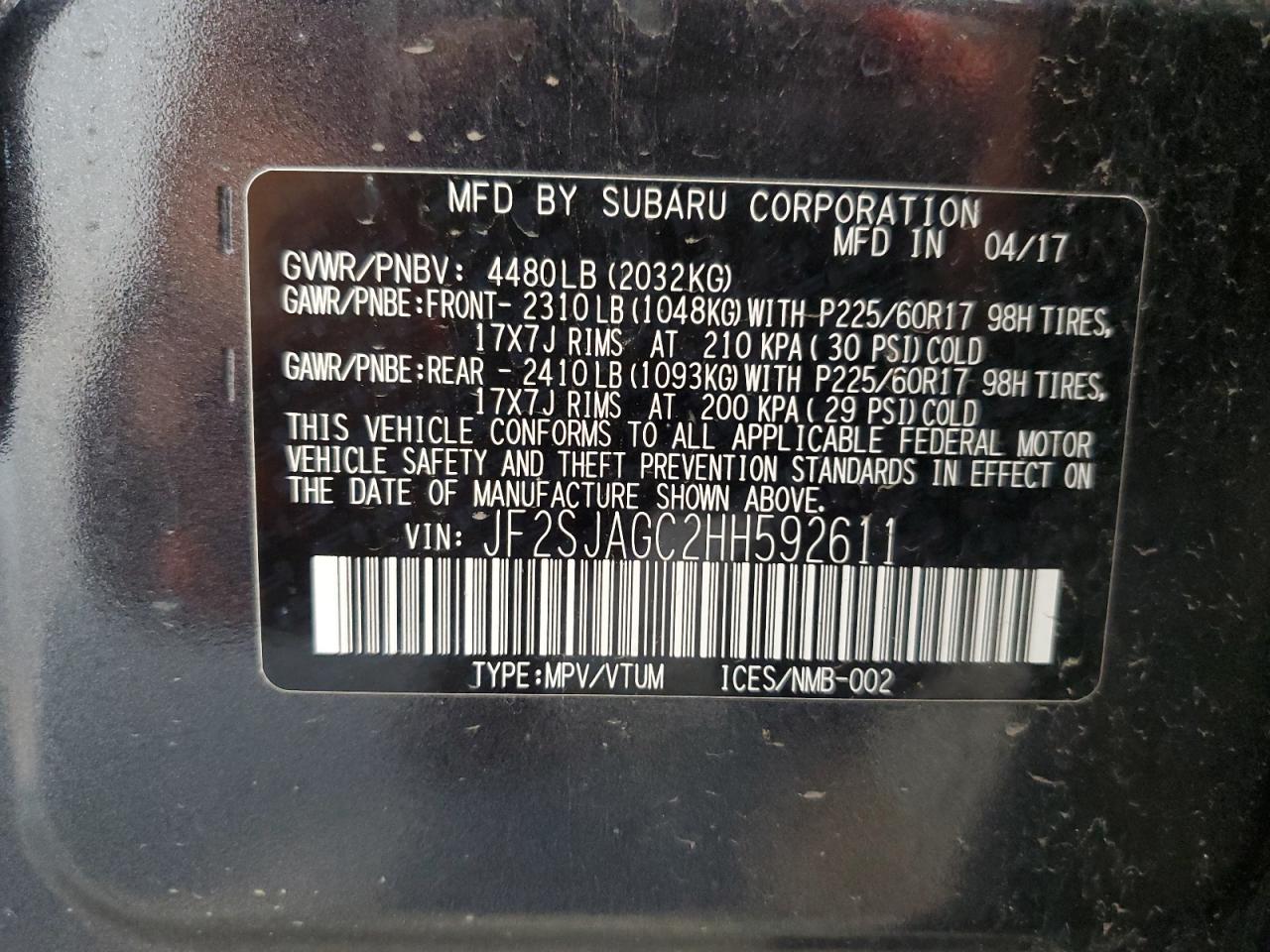 2017 Subaru Forester 2.5I Premium VIN: JF2SJAGC2HH592611 Lot: 63510125