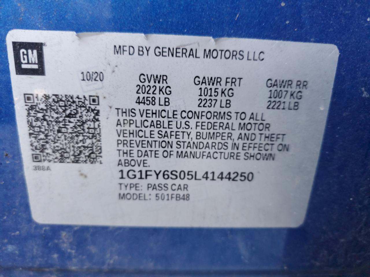 2020 Chevrolet Bolt Ev Lt VIN: 1G1FY6S05L4144250 Lot: 64095635