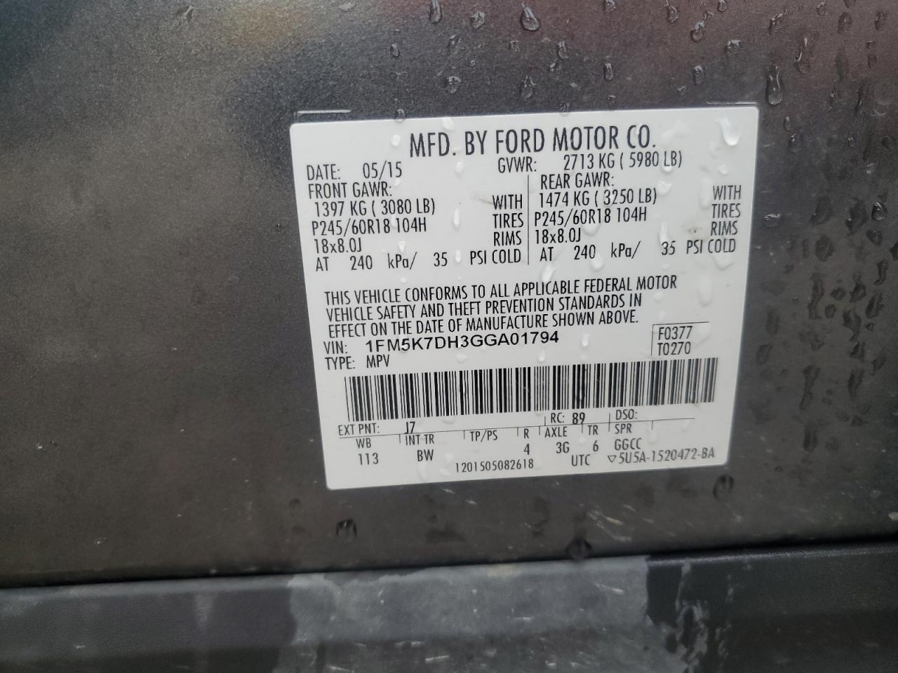 2016 Ford Explorer Xlt VIN: 1FM5K7DH3GGA01794 Lot: 64246245