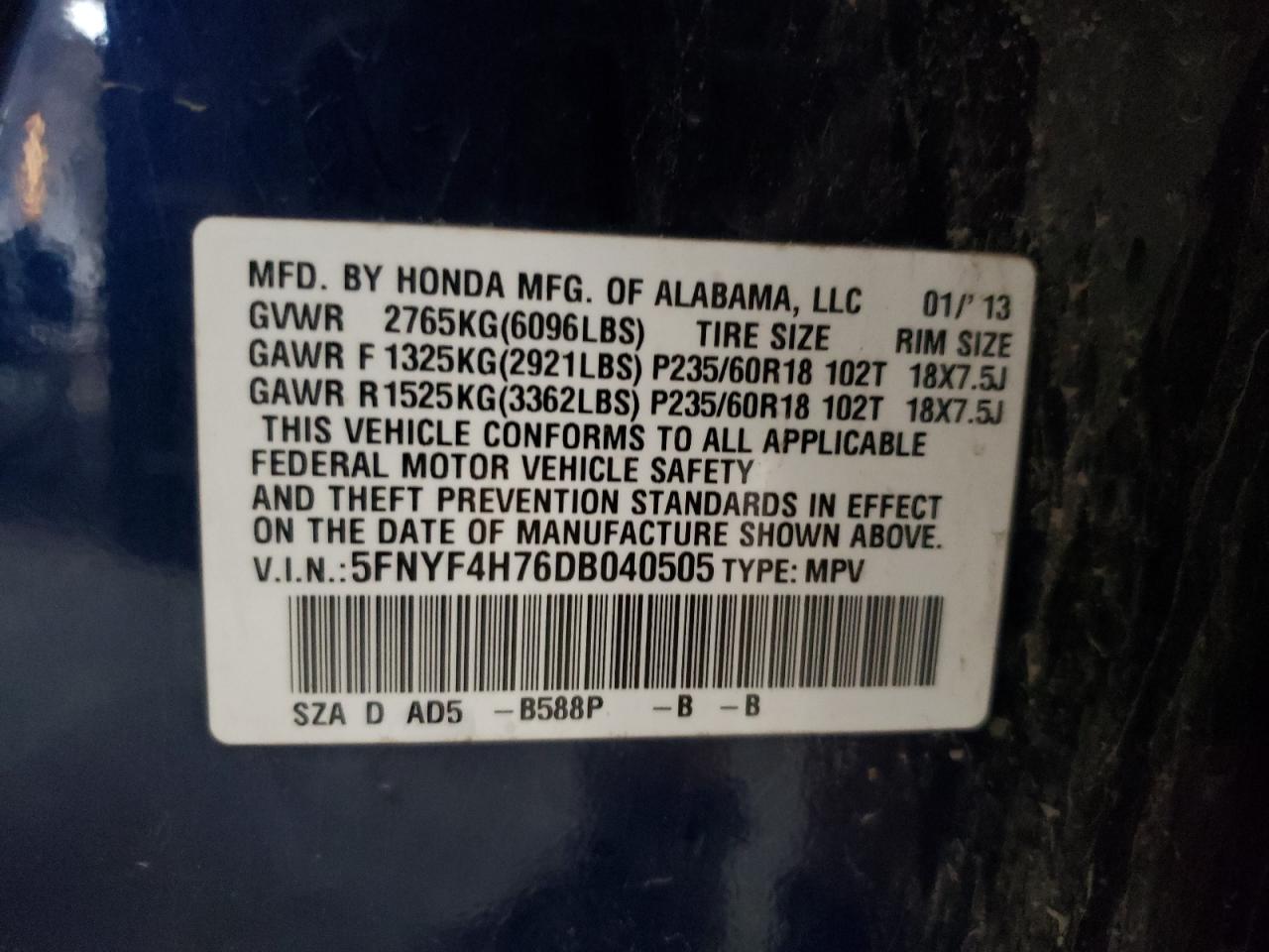 2013 Honda Pilot Exln VIN: 5FNYF4H76DB040505 Lot: 64561845