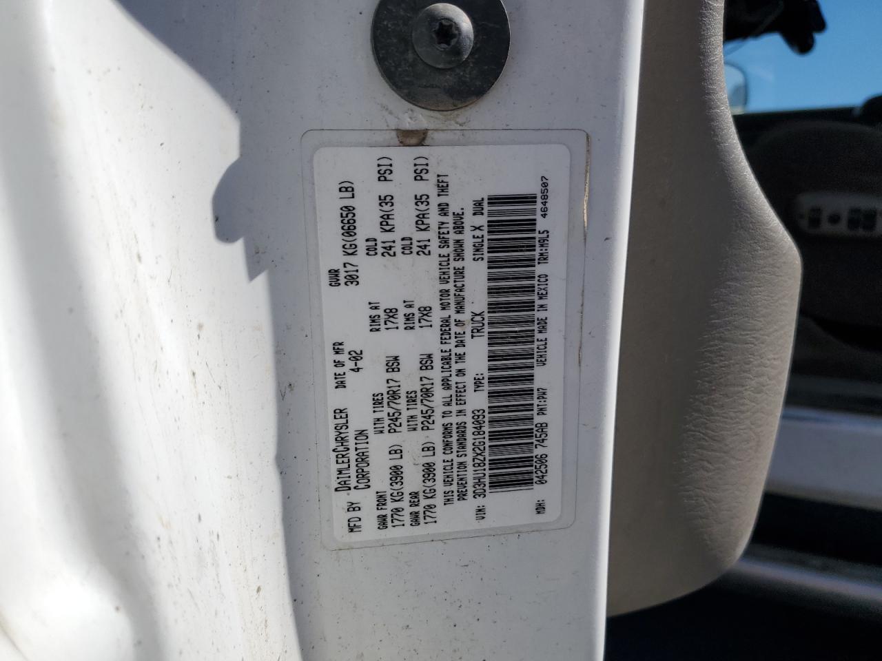 2002 Dodge Ram 1500 VIN: 3D3HU18ZX2G184093 Lot: 64220995
