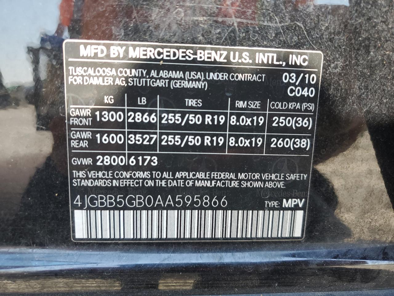 2010 Mercedes-Benz Ml 350 VIN: 4JGBB5GB0AA595866 Lot: 63485835
