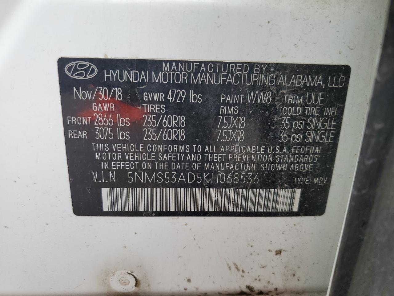 2019 Hyundai Santa Fe Limited VIN: 5NMS53AD5KH068536 Lot: 63190595