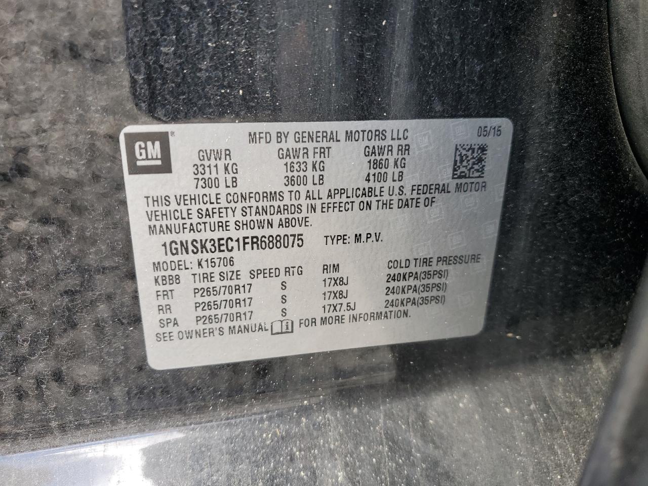 2015 Chevrolet Tahoe Special VIN: 1GNSK3EC1FR688075 Lot: 65290965