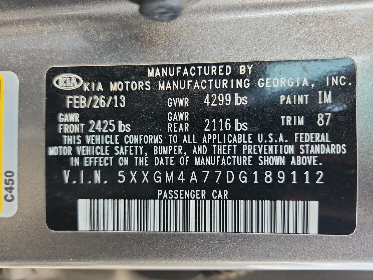 2013 Kia Optima Lx VIN: 5XXGM4A77DG189112 Lot: 65504105